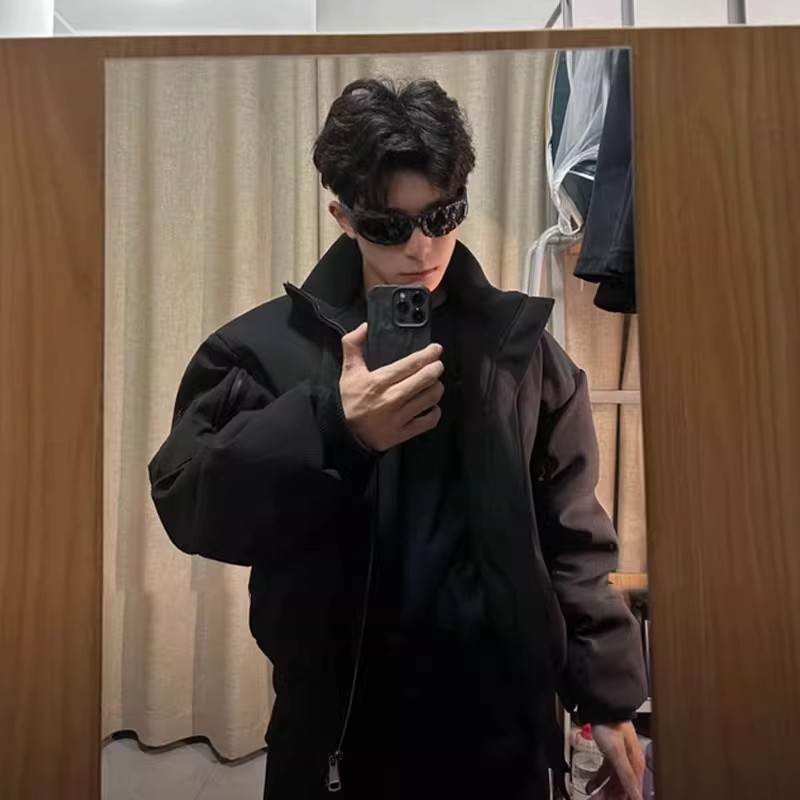 黑色廓形短款立领夹克男款秋冬季高级感潮牌美式飞行员工装外套