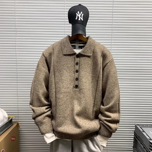 秋冬新款 POLO领套头毛衣外套男潮牌休闲宽松百搭打底慵懒风针织衫