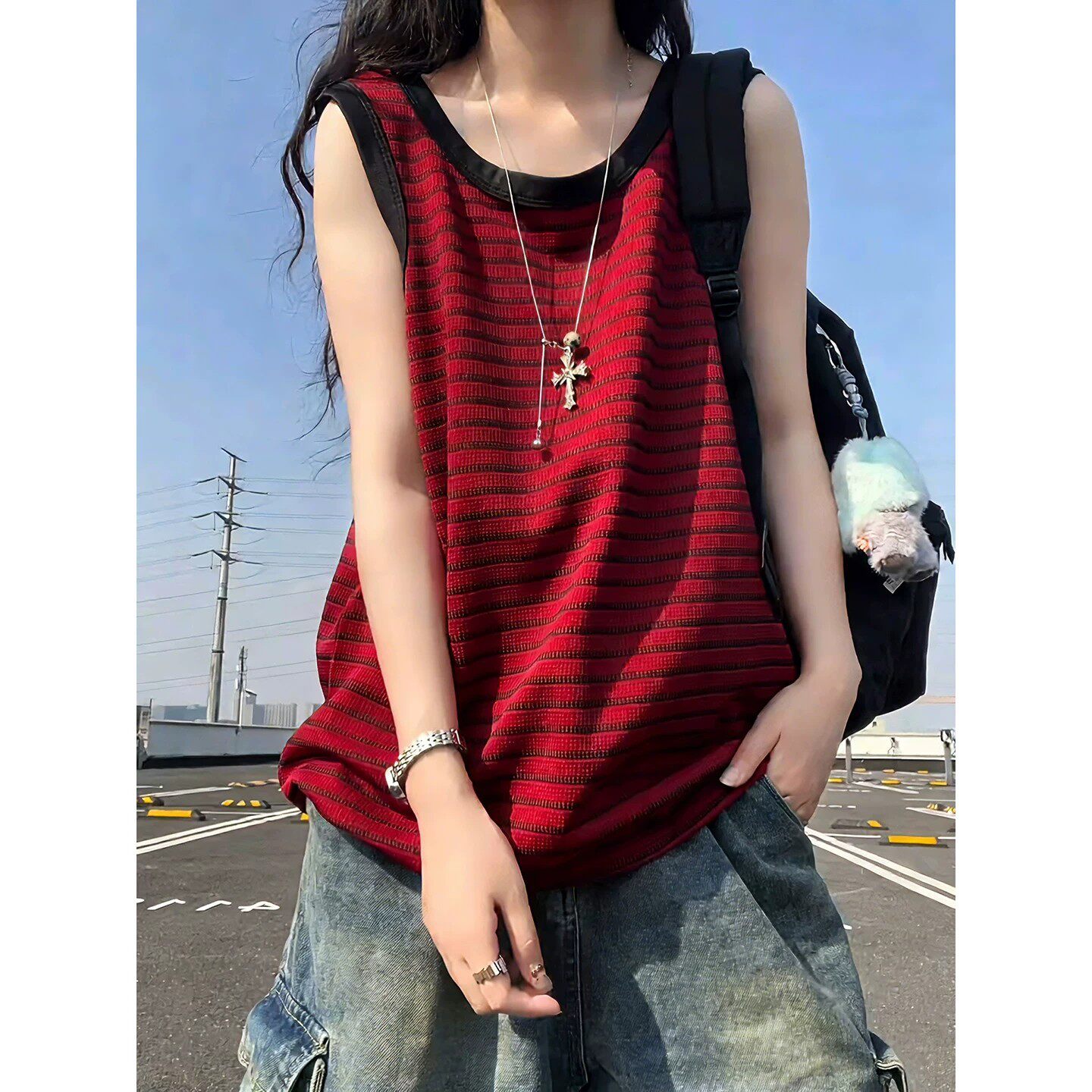 红色美式条纹背心男女款夏季外穿健身无袖运动t恤高级感坎肩汗衫