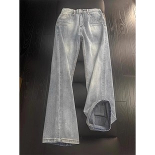 男款 高街设计感直筒裤 秋季 子美式 cleanfit裤 蓝色竹节纹微喇牛仔裤