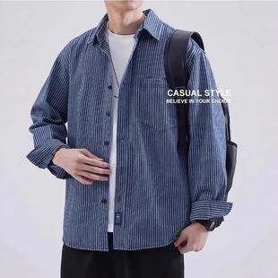 休闲复古翻领帅气开衫 竖条纹衬衫 美式 新款 外套潮流 男生宽松春秋季