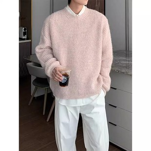 秋冬新款 粉色圆领套头毛衣男生潮流痞帅慵懒松弛感内搭打底针织衫