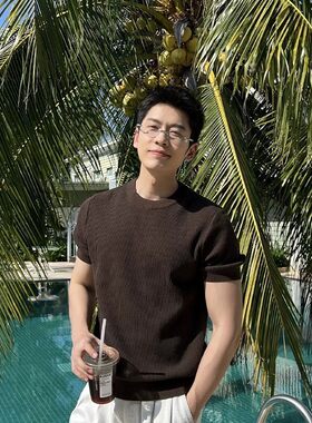 美式复古坑条针织短袖T恤男士夏季痞帅修身深咖色圆领打底衫上衣