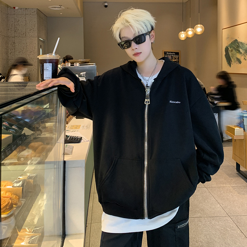 灰色开衫卫衣外套男款美式重磅硬挺潮牌运动宽松休闲连帽拉链