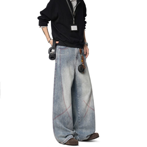 工厂直供美式哈苏线水洗竹节棉牛仔裤男款春秋季直筒阔腿裤子男生