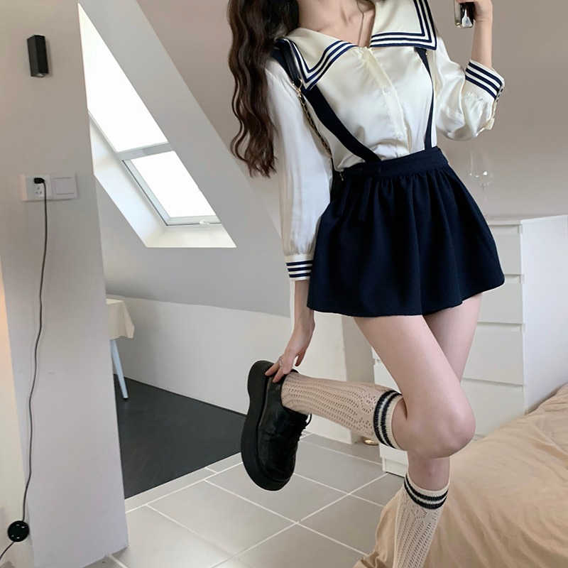 海军领JK衬衫上衣女夏季学院风日系甜美高腰显瘦背带半身裤裙套装