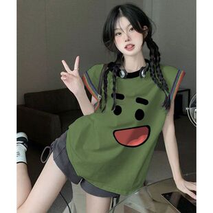 t恤女宽松球衣上衣 无袖 夏季 纯棉多巴胺撞色休闲背心女外穿中长款