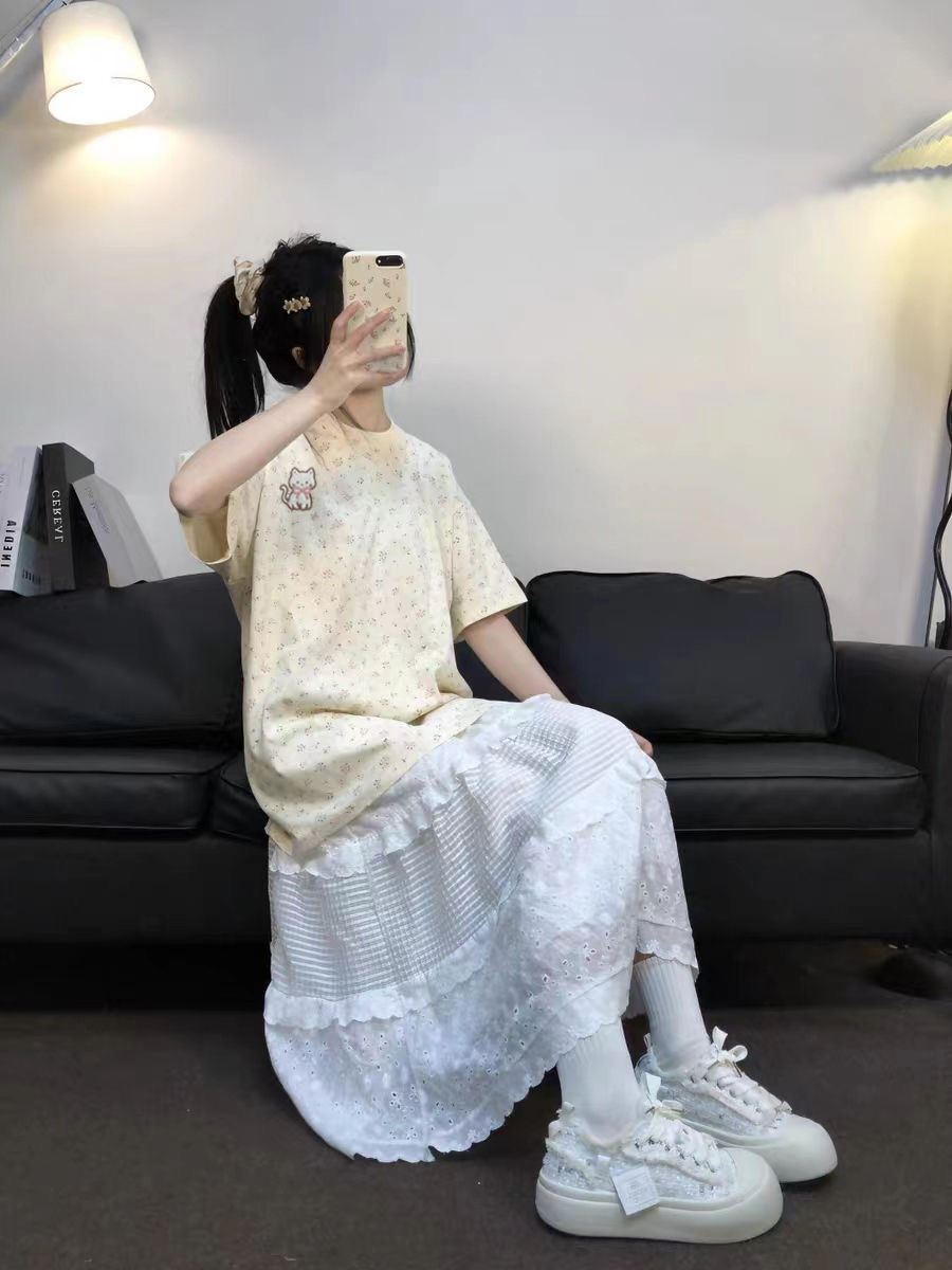 纯棉甜美美式小碎花满印T恤女夏韩系刺绣猫咪短袖宽松奶呼呼上衣