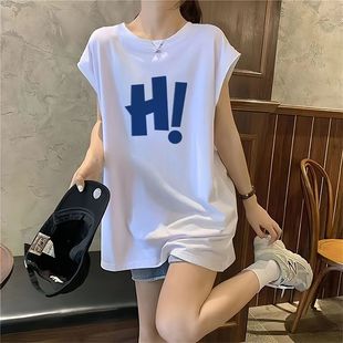 纯棉运动坎肩白色无袖t恤背心女外穿夏宽松中长款潮休闲遮肉上衣