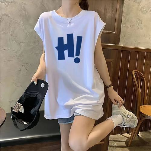 纯棉运动坎肩白色无袖t恤背心女外穿夏宽松中长款潮休闲遮肉上衣