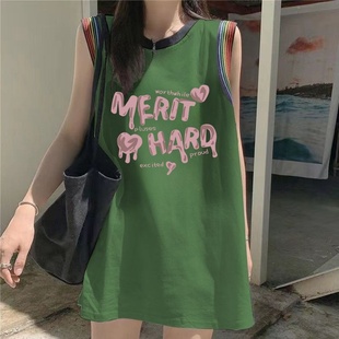 纯棉夏装中长款无袖背心女t恤多巴胺外穿吊带宽松坎肩篮球上衣服