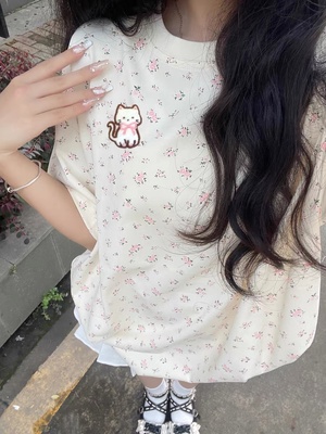 纯棉美式满印甜美小碎花短袖女夏宽松韩系刺绣猫咪T恤奶呼呼上衣