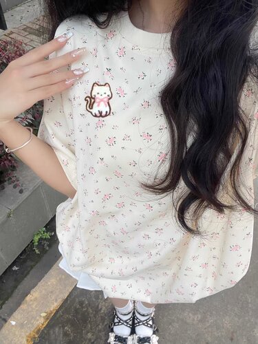 纯棉美式满印甜美小碎花短袖女夏宽松韩系刺绣猫咪T恤奶呼呼上衣