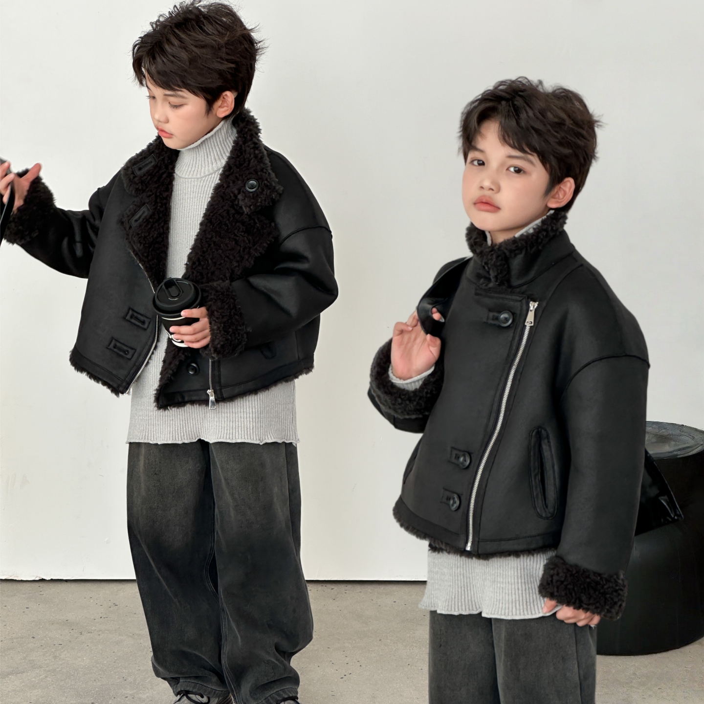 儿童羊毛一体外套中大童短款皮草