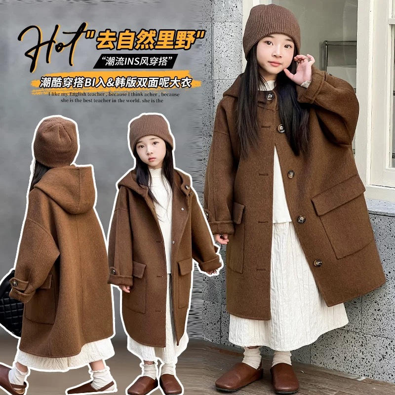 韩系秋冬新款儿童双面羊绒大衣女童中大童外套羊毛呢子毛呢中长款