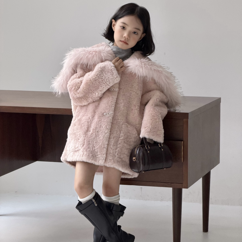 冬季女童仿羊毛连帽毛领皮草外套