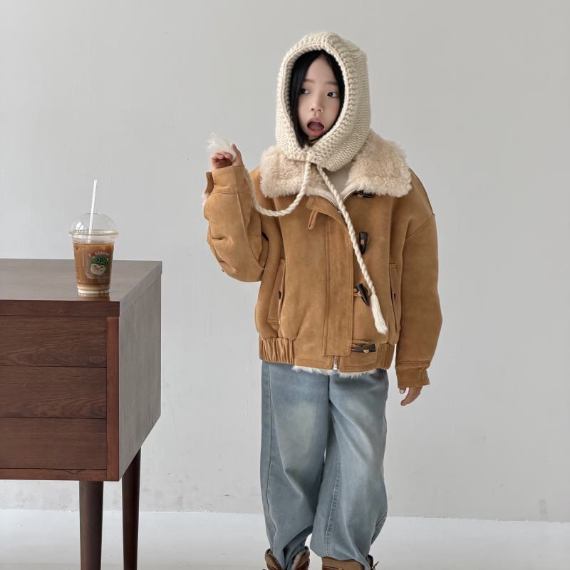 儿童皮毛一体加厚短款机车服外套