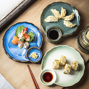 创意日式 刺身寿司盘饺子盘子带醋碟蘸料碟子陶瓷简约餐具家用菜盘