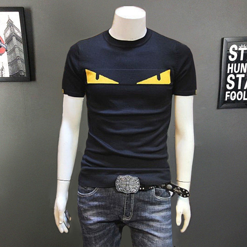 男士小怪兽针织短袖男春秋新款黄眼睛毛衣半袖青年潮款针织打底衫