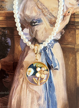 万能扣吊坠法式复古吊坠18K淡水珠项链莫奈油画小花朵小众锁骨链