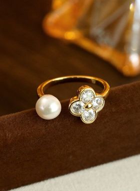 繁花似锦超仙冰透闪钻花朵戒指巴洛克淡水珍珠开口戒可调节指环女