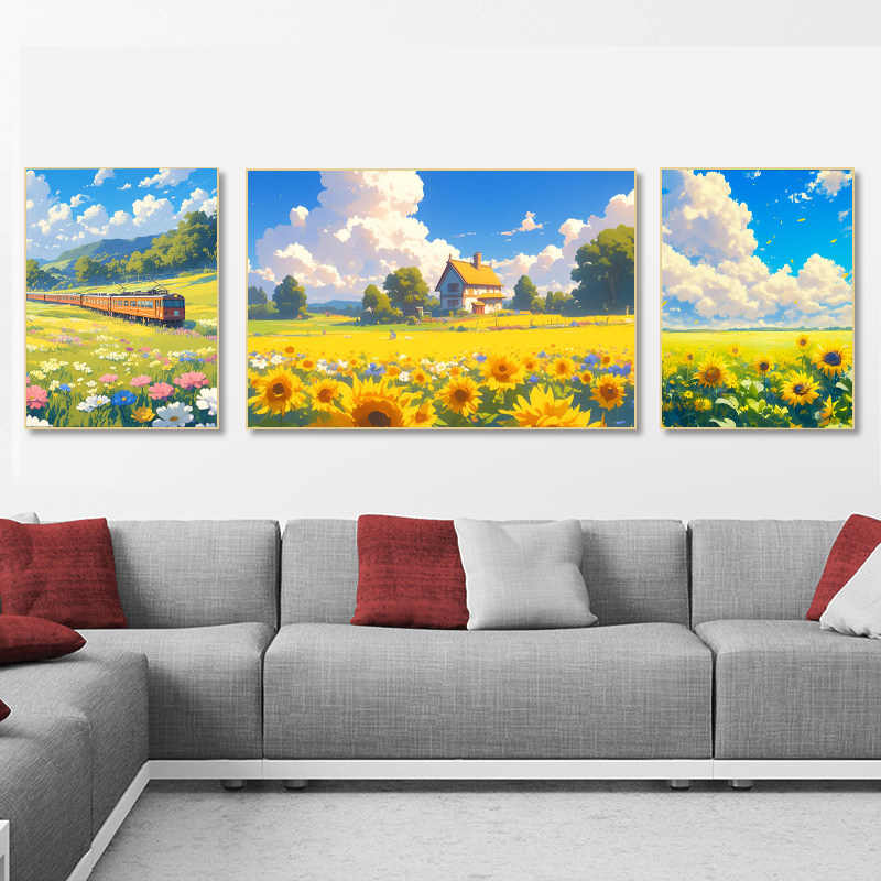 宫崎骏风景装饰画治愈系客厅沙发背景墙挂画小清新田园风三联壁画