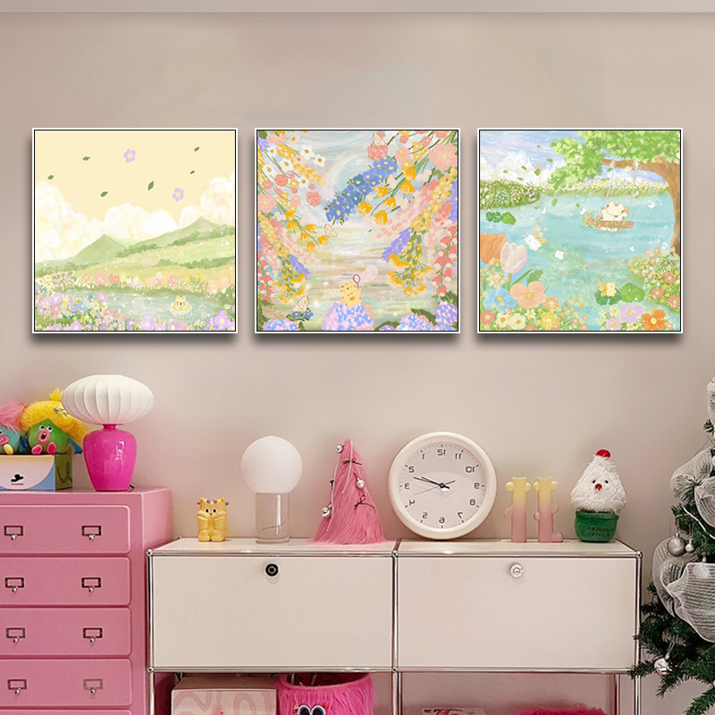 卡通童话风景插画装饰画儿童房治愈系小清新挂画卧室床头唯美壁画