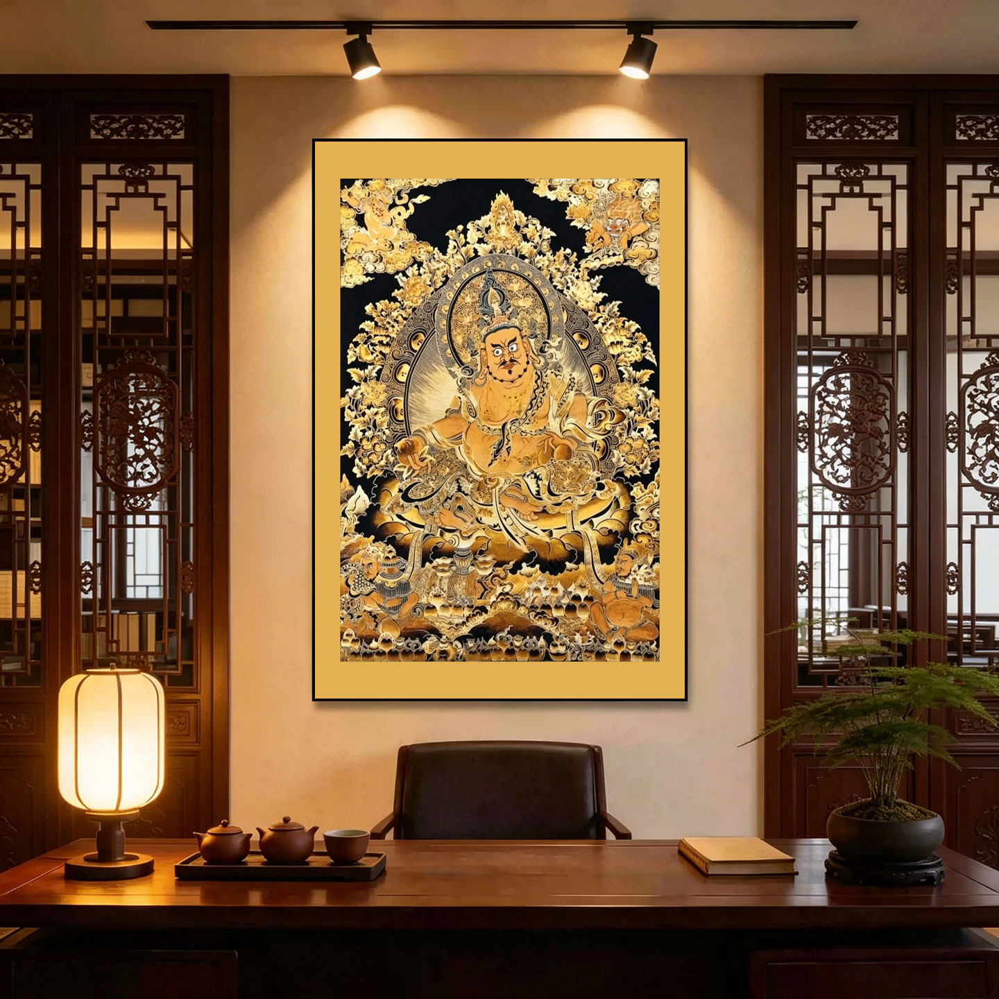 西藏唐卡黄财神挂画茶室书房招财进宝装饰画办公室背景墙佛像壁画