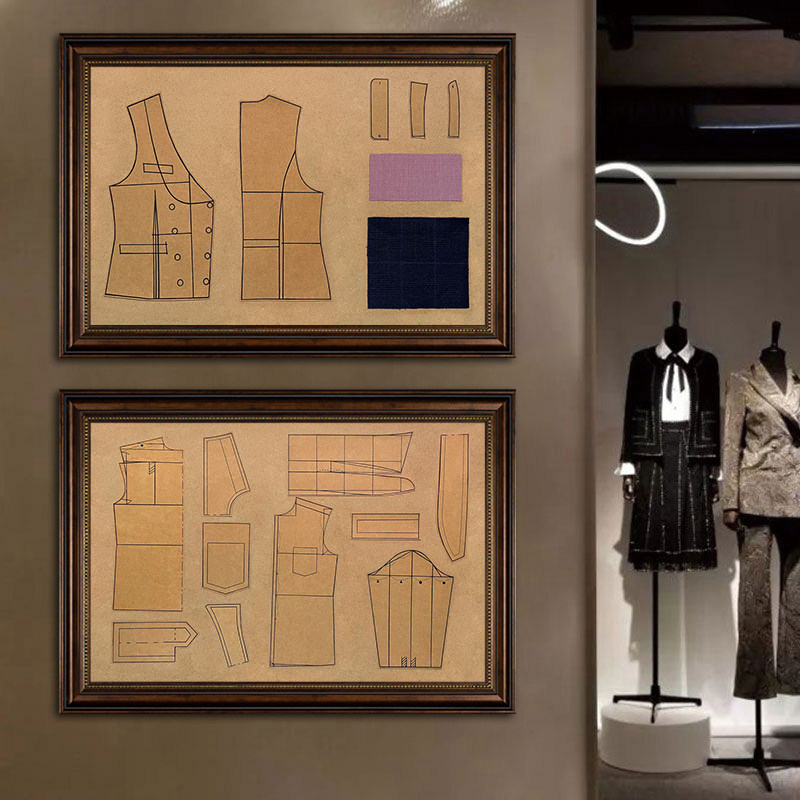 服装店装饰画西装马甲裁剪图裁缝店挂画服装店工作室背景墙壁画