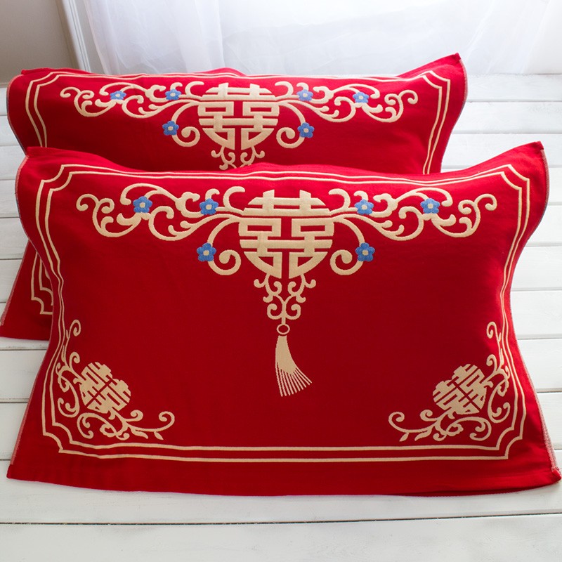 结婚一对纱布喜庆红色枕巾
