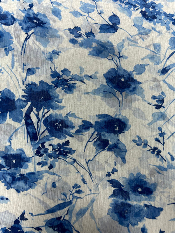 Chiffon crepe non-elastic single-layer transparent spring and summer printed fabric, white base blue flower soft clothing fabric thumbnail 3