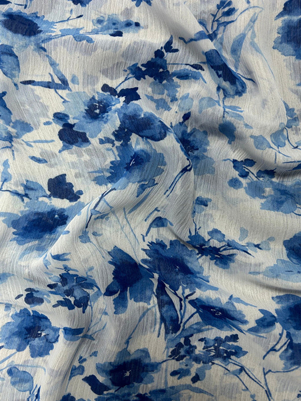 Chiffon crepe non-elastic single-layer transparent spring and summer printed fabric, white base blue flower soft clothing fabric thumbnail 4
