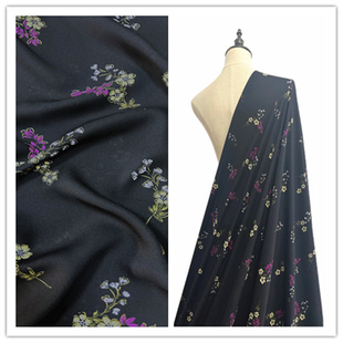 新款无弹性乱麻微透春夏季印花面料黑藏青底小碎花柔软服装布料