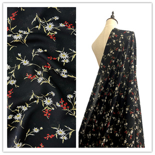高品质款春夏季雪纺乱麻黑底花卉柔软布料无弹性单层微透印花面料