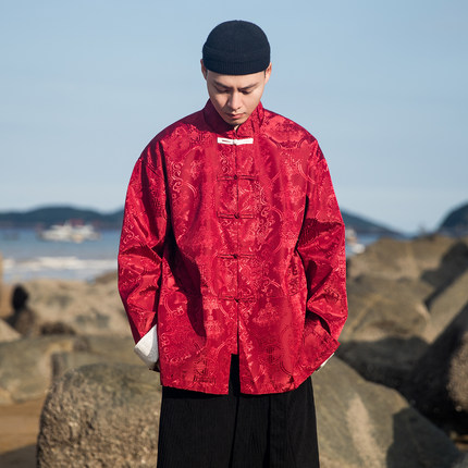 新中式红色唐装男休闲盘扣汉服外套中国风复古暗纹提花中山装夹克