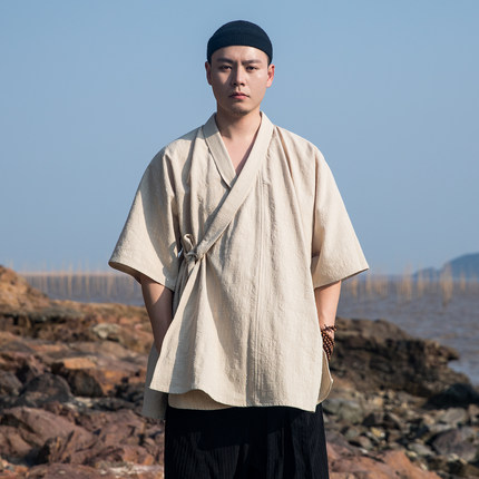 夏季明制汉服男交领右衽练功服棉麻中式改良上衣斜襟短袖衬衫道服