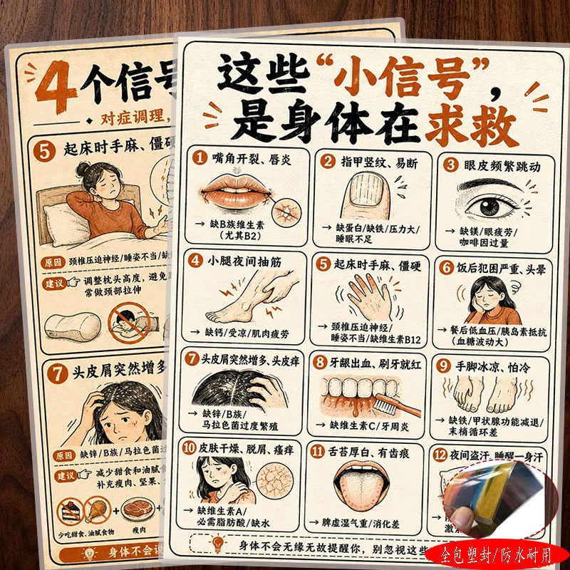 身体求救信号对照表常见不适症状原因与调理方法健康宣传单海报A4