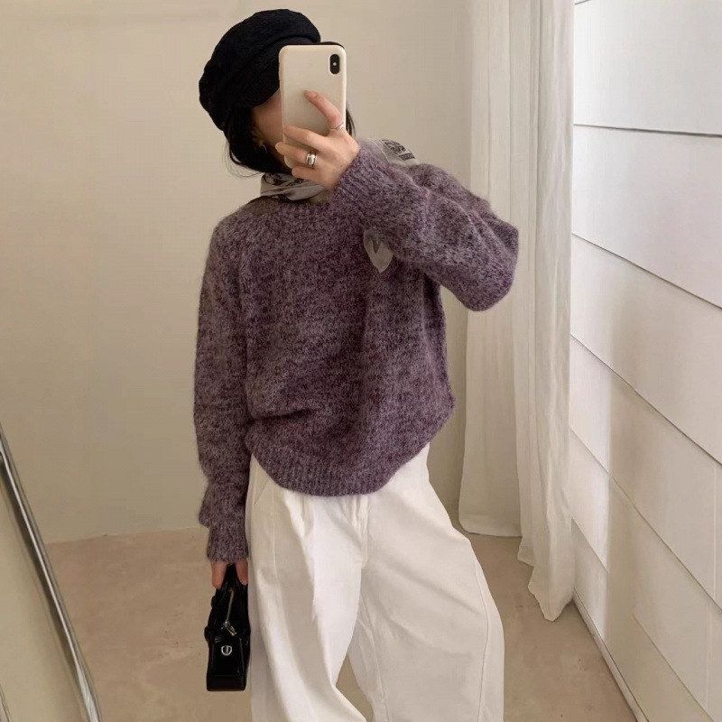 韩系简约彩纱编织圆领宽松毛衣女