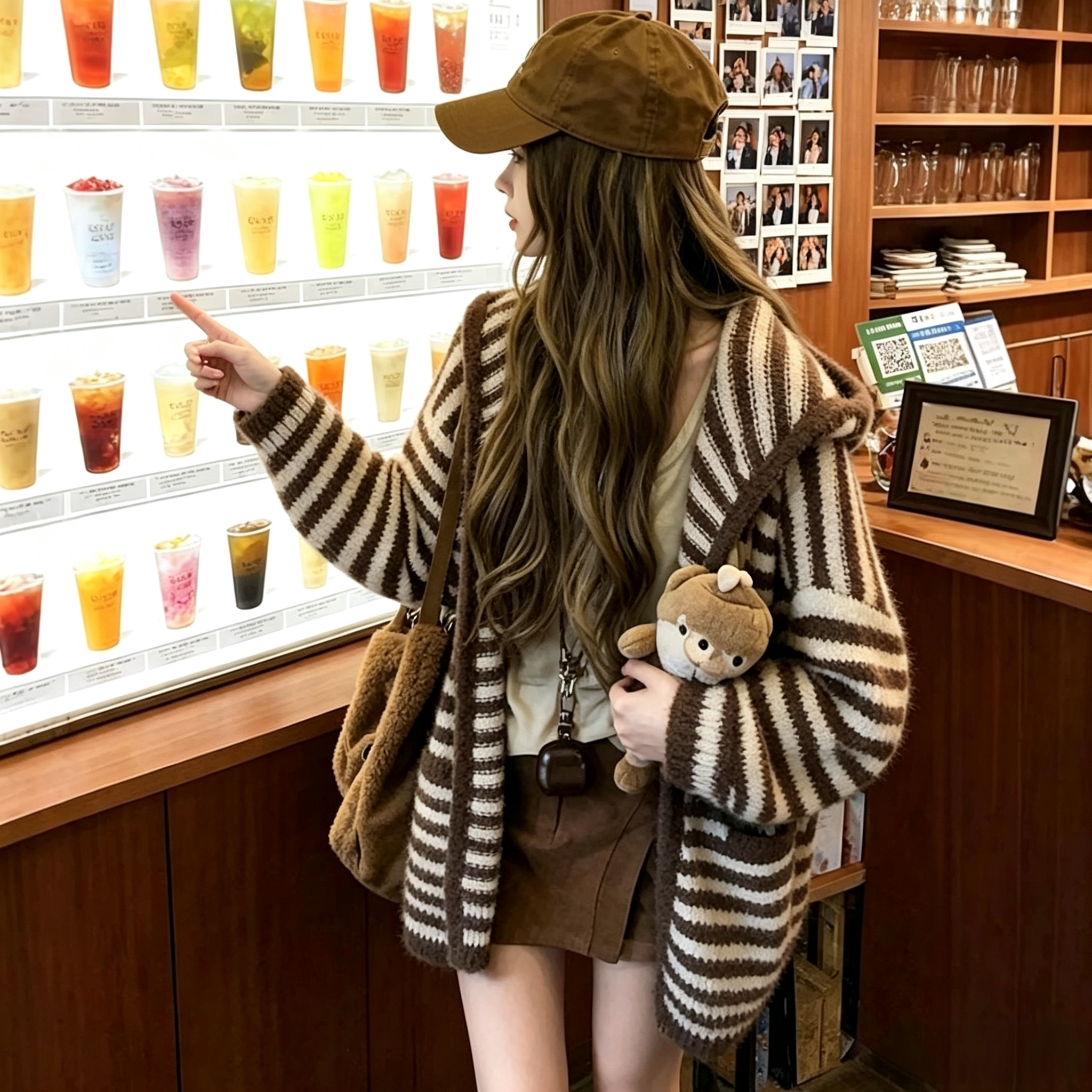 慵懒风撞色条纹连帽针织开衫女秋毛衣