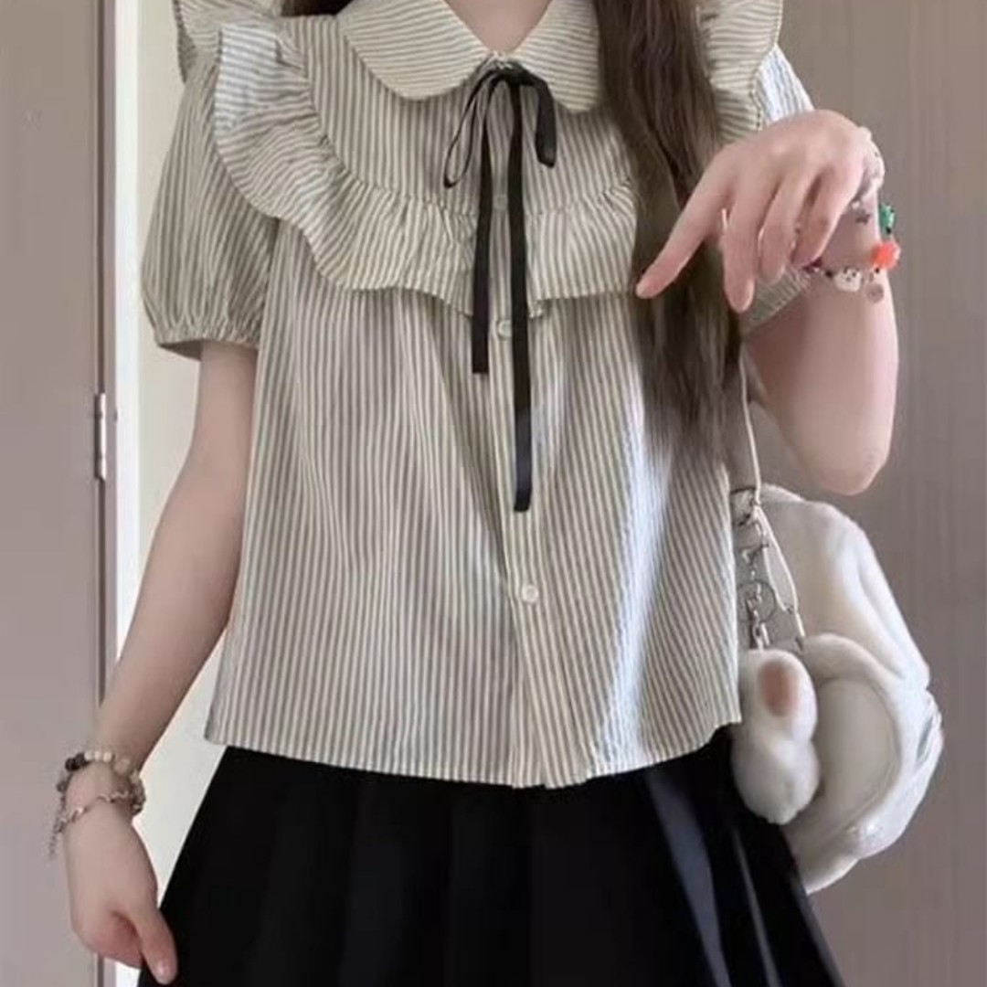 韩版学院气甜美百搭短袖娃娃领荷叶边蝴蝶结条纹衬衫上衣女夏