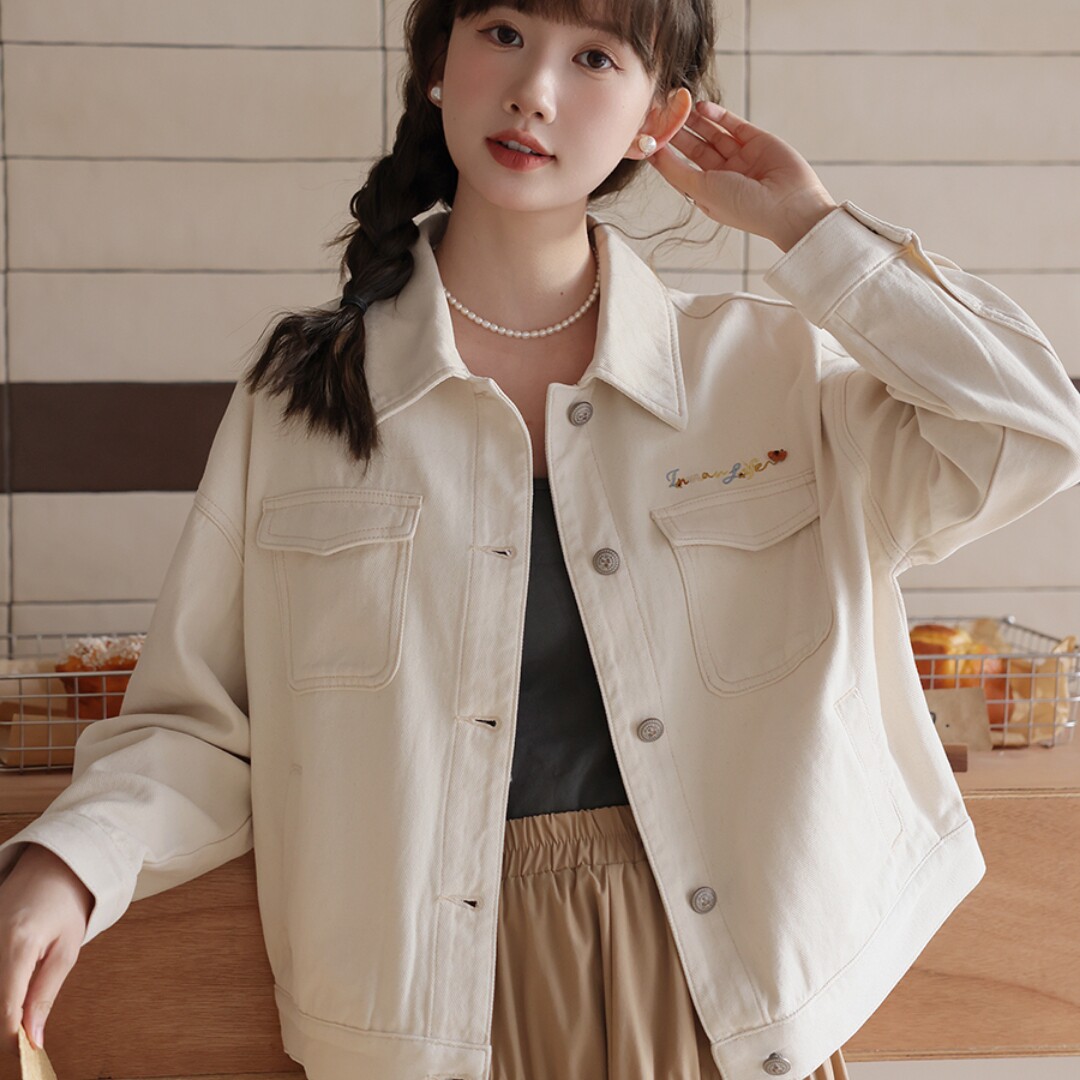 原宿港风宽松刺绣工装牛仔短外套女春新款高级感甜美减龄气质上衣