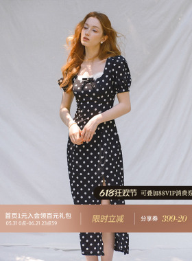 从那以后法式波点连衣裙黑色礼服长裙方领裙子高级感茶歇裙女夏季