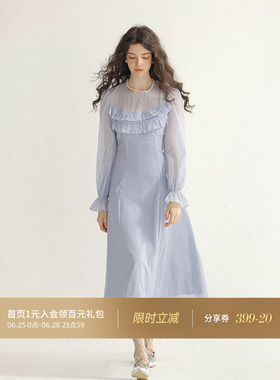 从那以后法式蓝色长裙早春仙女裙子长袖礼服连衣裙女2024春季新款