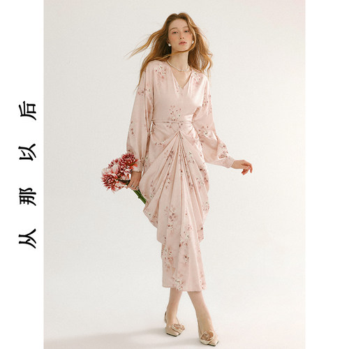 从那以后法式粉色碎花裙年会裙子