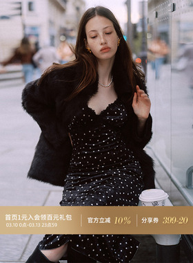 从那以后法式波点连衣裙秋冬穿搭丝绒裙吊带礼服长裙黑色小裙子女