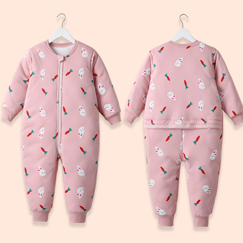 儿童大码加厚三层保暖睡袋中大童连体睡衣后腰拉链夹棉家居服秋冬