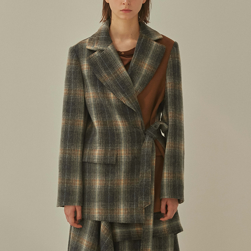 原创设计风羊毛格子拼接西装外套