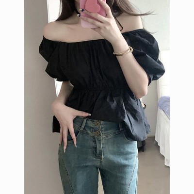 黑色一字肩短袖衬衫女夏季法式气质设计感小众衬衣减龄泡泡袖上衣