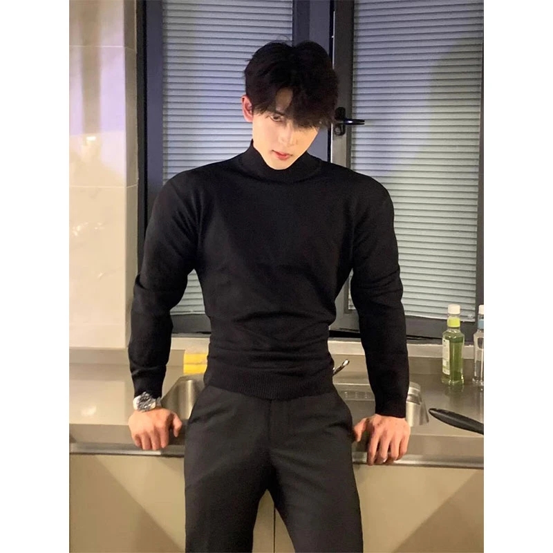 黑色半高领德绒打底衫男款秋冬美式正肩修身长袖t恤痞帅内搭卫衣