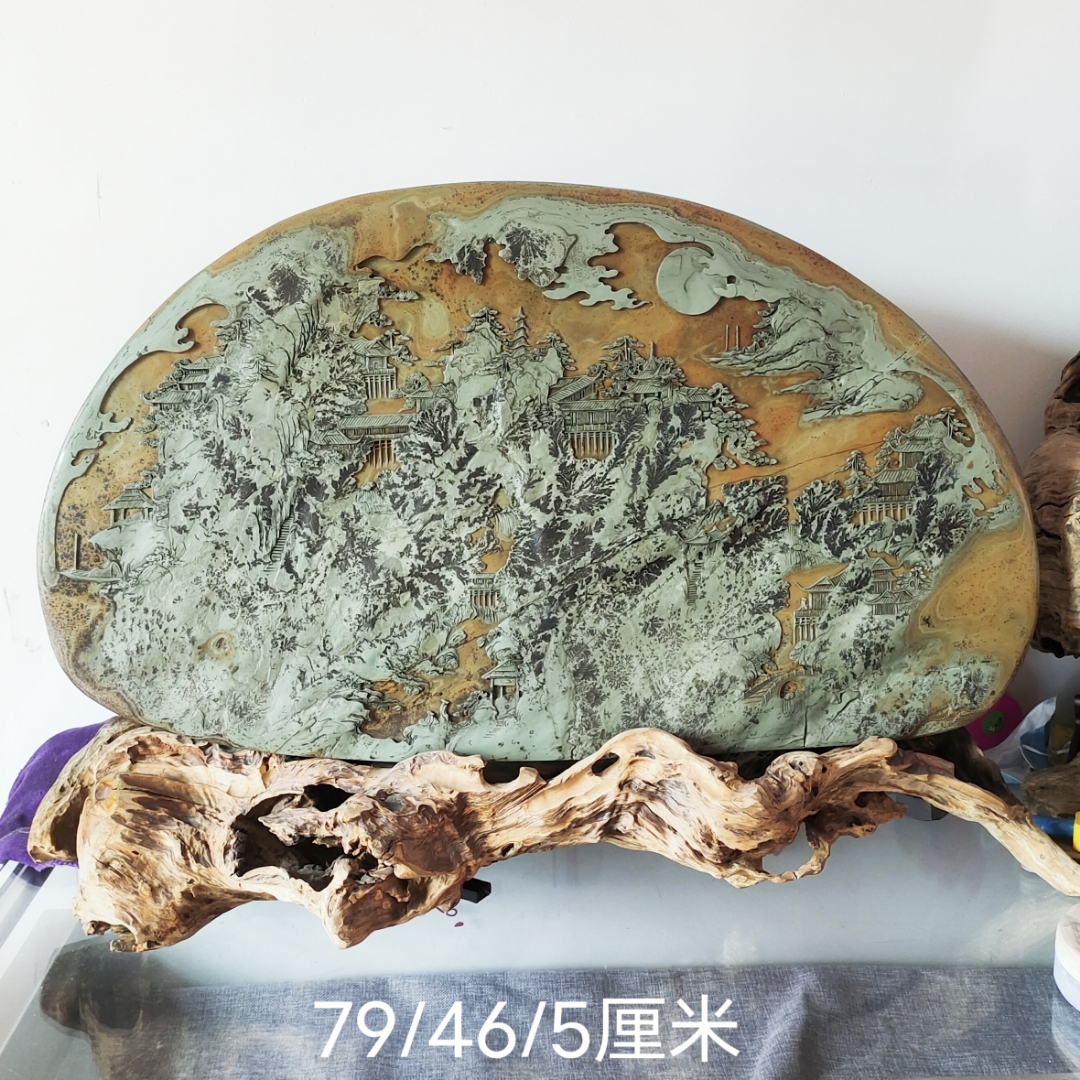 苴却砚客厅摆件黄膘绿膘水草手工雕刻（由于店面小货多优惠价售卖